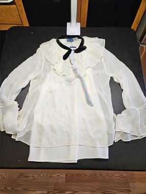 Polo Ralph Lauren Women's Ivory Crinkled Georgette Tie Neck Blouse Top Sz 6 NWT